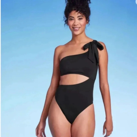 NWT Shade & Shore Women's One Shoulder Bow Cut Out Cheeky Swimsuit Black Med - Picture 2 of 6
